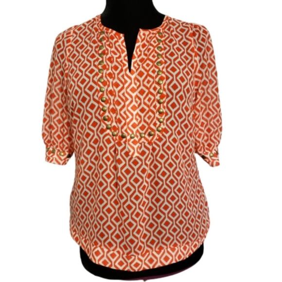 41 Hawthorn Stitch Fix Semi Sheer Geo Orange Ivory Swifty Studded Blouse Sz M - Picture 2 of 8